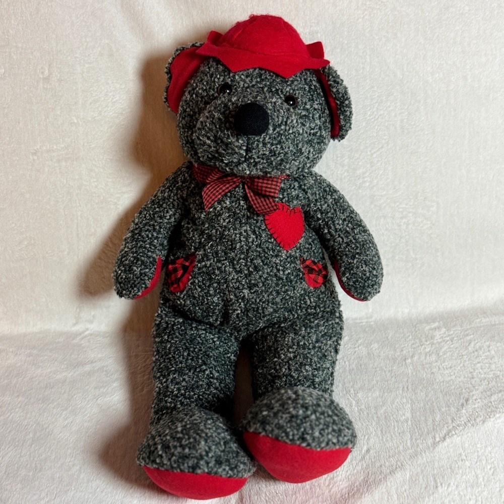 Vintage Hallmark Black Speckle Plush Bear with Red & Buffalo Plaid Accents 1996